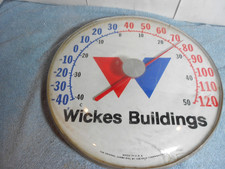 VINTAGE 12 in WICKES BUILDINGS THERMOMETER  ADV. SIGN ALUMINIUM & PLASTIC  -X207 picture