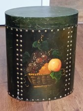 Vintage 1940 English Hand Painted Wood Waste Basket Fruit Brass Nailhead Studded picture