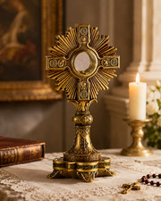 Resin and Brass Ornate Embossed Adoration Cross Rays Monstrance Reliquary 12 In picture