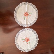 Vintage Embroidered Floral Linen Doilies Lace Trim Round White Orange Set of 2 picture