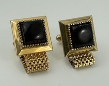 Vtg Hickok Gold Tone Mesh Wrap Cufflinks Black Square Stone Mid Century picture