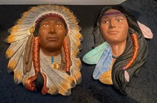 Vintage Native American Indian Wall Plaque Set Ceramic Art Hand Painted  Chief picture
