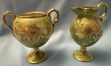 Antique Nippon Creamer Sugar Set Apple Green Gold Moriage Hand Painted picture