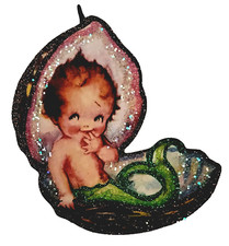 BABY MERMAID in OPEN SEA SHELL * Glitter CHRISTMAS ORNAMENT * Vtg Img picture