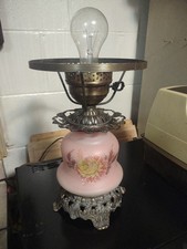 Vintage 1973 Quoizel GWTW Hurricane Lamp Base Pink Satin Floral 3-Way Working picture