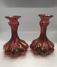 2 Vintage Red & Gold Amberina Art Glass MCM Twisted Candle Holders, 6x8” picture