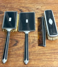 Vintage 1930s Art Deco Black Silver Vanity Set Brush Mirror Comb picture