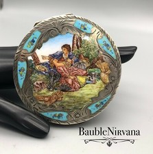 Vintage Italy 800 Silver & Enamel Lovers in the Park Scene Round Powder Compact picture