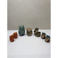 Vintage Owl Figurine Lot Ceramic Salt Pepper Shakers Teal Decor 7pc Set picture