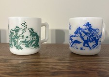 VTG Hazel Atlas Milk Glass Tex Ritter Western Mug Set of 2 Cowboy Roundup Ranger picture