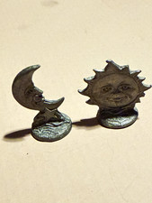 Silver Pewter Small Sun & Moon Face Figurines Set of 2 Celestial Decor picture