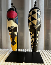 Vintage Pair African Handmade Wooden Fang Masks On Metal Stands - Painted Carved picture