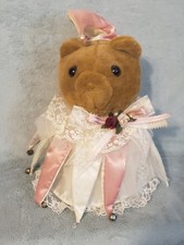 VTG Teddy Bear Jester Christmas Tree Topper Lace Pink & White Bells-RARE FIND picture