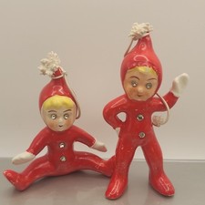 Vintage 50s Japan Christmas Pixie Elf - Red Pajamas - Jewel Eyes & Spaghetti Pom picture