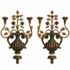Pair Vintage Palladio Italian Tole Urn Wall Sconces Gilt Roses Candle 1974 Labe picture