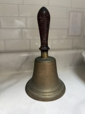 Vintage/Antique School Hand Held Brass Bell Wooden Handle Loud Ring 10.5 inches picture