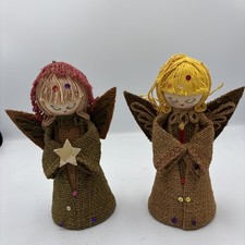 VTG 1960s Pair of Angels Cardboard Burlap Yarn Hair Holiday Decor Made in Japan* picture