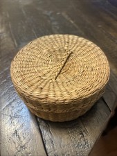 Vtg Woven Bamboo Wicker Lidded Basket Box Boho Storage Decor 4” picture
