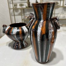 Vtg 10” vtg 6” Italian Pottery Vase Stripped Speckled Frothy Glazed Marked 2pc picture