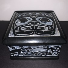 Haida Style Northwest Coast Carved Black Trinket Box Totem Native Art Decor picture