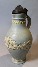 V & B Mettlach Relief Decorated 2 Liter Beer Stein Pitcher with Pewter Lid 1897 picture