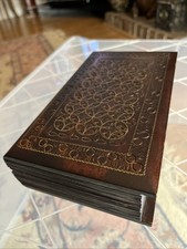 Wooden Book Shaped Jewelry Trinket Box Ornate Gold Scroll Inlay Yellow Lined picture