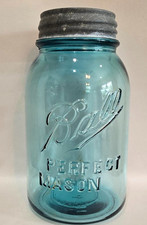 Vtg 1910-1923 Blue Ball Perfect (OffSet Print) Mason #8 Quart Jar with Zinc Lid picture
