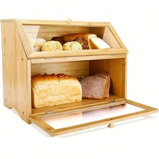 Large Double Layer Bread Box Acrylic Door Wood Kitchen Storage picture