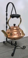 Vintage Copper & Brass Tea Pot / Kettle With Wrought Iron Warming Stand picture