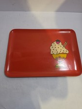 Vintage MCM Ice Cream Serving Tray Orange Glossy Strawberry Sundae Art picture