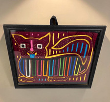 Vintage Kuna Mola Cat Textile Folk Art Panama Hand Sewn Applique Framed Guna picture