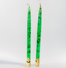 VTG 11.5“ Pair Lucite Acrylic Taper Candles Vibrant Green Gold Flake Mid Century picture