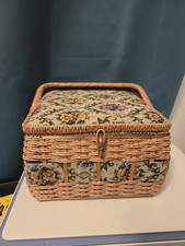 Vintage AZAR Sewing Basket Box Wicker Floral Tapestry Made in Japan 9