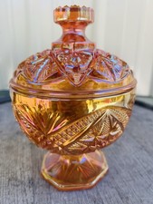1950's Imperial  Marigold Carnival Glass Hobstar Candy Dish Eastern Star Pattern picture