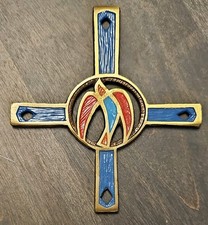 VTG Terra Sancta Guild Brass Enamel Cross w/ Dove - Made in Israel - Holy Spirit picture