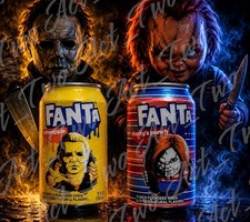Fanta Halloween (2 Full Cans) Mike Myers & Chucky Horror EXPIRED MAY 2026 picture