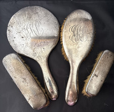 4 Pc Antique Sterling Silver Vanity Set Mirror & 3 Brushes Monogramed Art Deco picture