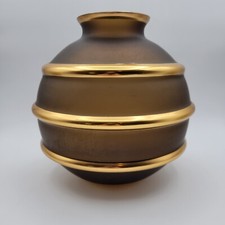 PODBIRA Art Deco Ball Vase Brown Translucent Satin Art Glass Gold Accent picture