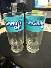 Vintage Seagram's Gin Advertising Footed Glasses Blue Logo Barware Cocktail RARE picture