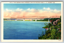 c1940s TVA Bridge Cherokee Lake Holston River US Hwy 25E Asheville Linen picture