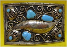 Unusual Hand Made STERLING FRONT & 7 Turquoise Stones Bear Claws BELT BUCKLE picture