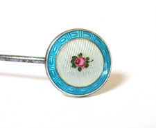 Petite Antique Hatpin Guilloche Enamel Flowers Sterling 1913 picture