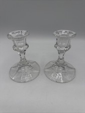Vintage Clear Glass Candlestick Holders Pair Paneled Hex Base 4” Candleholders picture