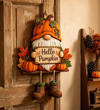 Hello Pumpkin Wooden Painted Hanging Wall Sign Gnome Pumpkin Fall Halloween picture