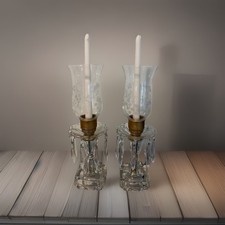 Pair Restored VTG Hollywood Regency Crystal Prism Lustre Candle Hurricane Shades picture