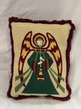 Vintage Handmade Needlepoint Pillow, Angel, Christmas, Green Backing  picture