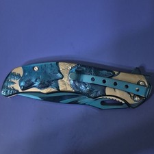 Blue Wolf Design Aluminum Folding Pocketknife Drop Point Artistic Handle picture