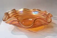 Vintage Marigold Orange Iridescent Carnival Glass Footed Ruffled Bowl 7