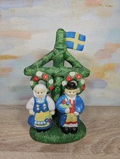 Vintage 1980s Swedish Boy & Girl With Flag Folk Art Ceramic Figurine picture