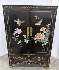 Vintage Asian Black Lacquer Cabinet Hand Painted Birds Flowers Brass Hardware  picture